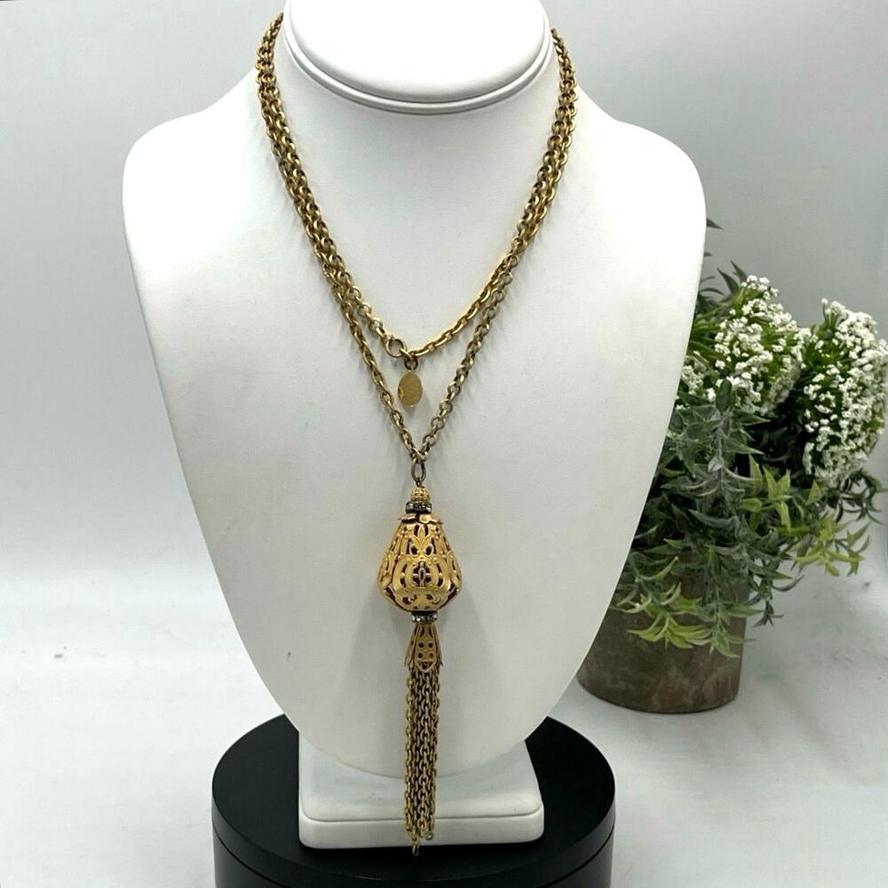 Cheryl Pesce Vintage Gold Tone Long Tassel Y Necklace